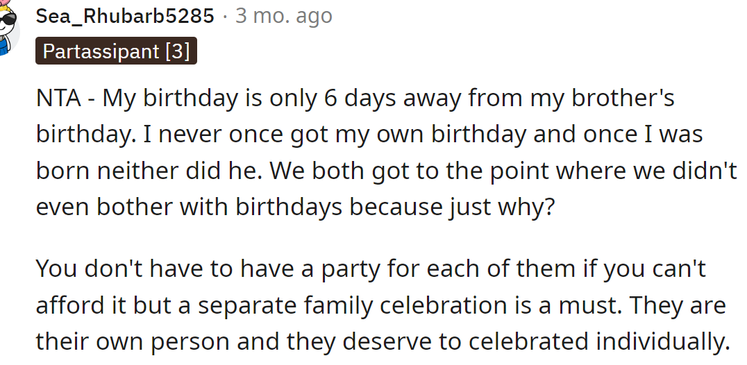 A Redditor explained why 'joint birthdays' are a bad idea.