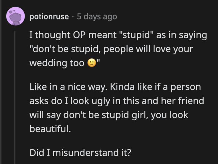 This is how I interpreted it as well, but sister-in-law could have taken it literally, which hurts, obviously.