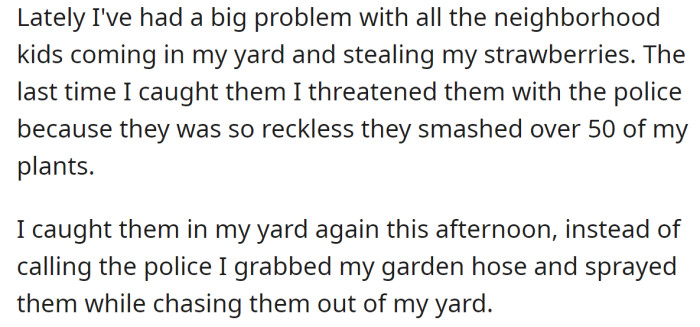 But the neighborhood kids started stealing their strawberries, so the last time they caught them, they sprayed them with their garden hose: