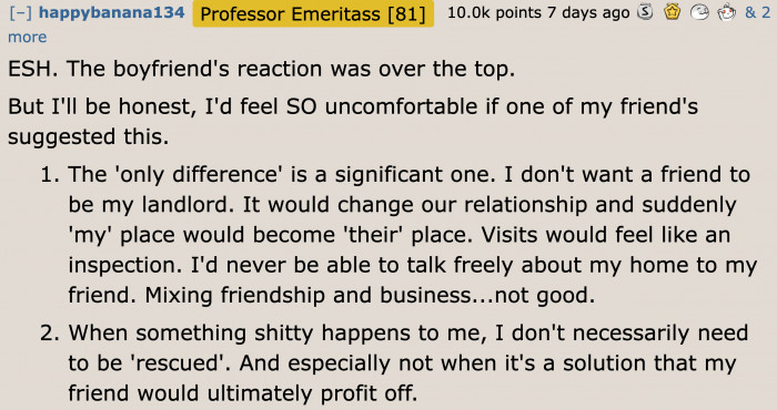 Other users don't agree with the original poster's offer and the boyfriend's reaction.