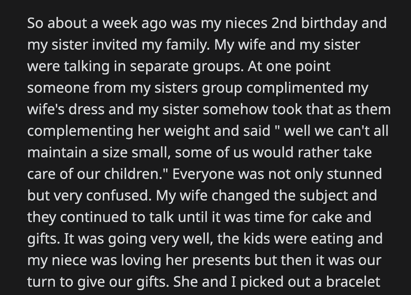 His niece and brother-in-law beamed as they saw the generous gifts, while his sister's face clouded over.