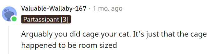 While the cat was placed in a separate room, it's important to note that confining a cat to a room is different from caging them in a small enclosure. Providing a larger space allows the cat to move around, access their necessities, and reduces the stress associated with confinement.