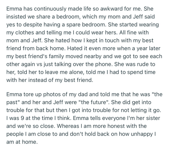 Emma made life difficult for OP while growing up
