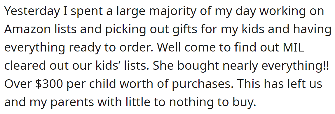 But MIL broke their agreement and ordered everything from the given Amazon list:
