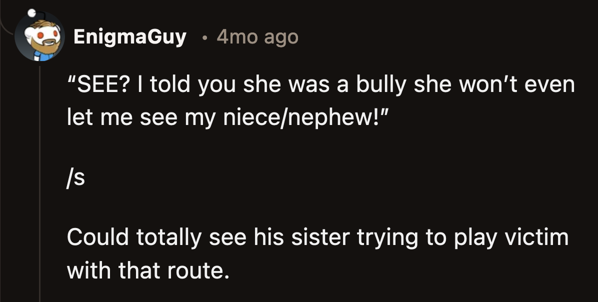 It would be interesting if OP's sister-in-law uses her non-contact with the child as proof that OP is a bully.