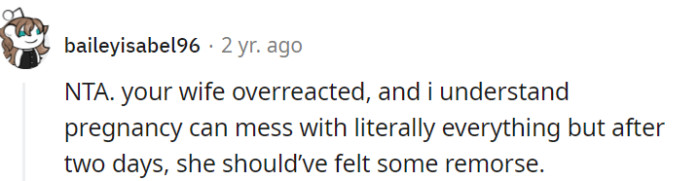 While pregnancy can bring about significant emotional and physical changes, it's understandable to expect a sense of remorse after two days following an overreaction. It's important to communicate openly with your wife, expressing your concerns and seeking understanding to ensure a healthy resolution.