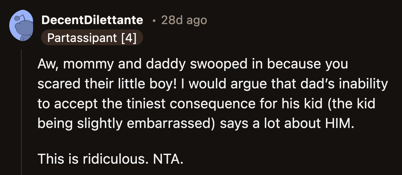 Their kid didn't even seem scared. He was rightfully chastised for trespassing on someone else's property. OP and his wife had a productive conversation with him despite his parents' reactions.