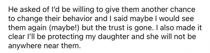 OP told her FIL that she would never allow his brothers to be around her daughter again, no matter what.