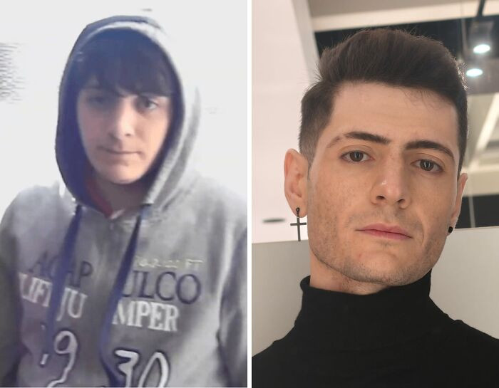 Gym transformation comparison from skinny-fat to fit, ages 20 to 24.
