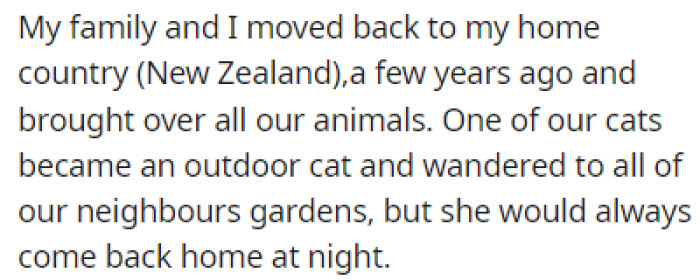 OP and their family moved back to their home country, bringing with them all of their pets