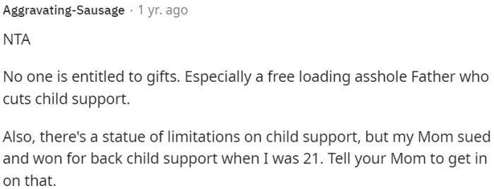 No Entitlement to Gifts, Especially for a Father Who Avoids Child Support