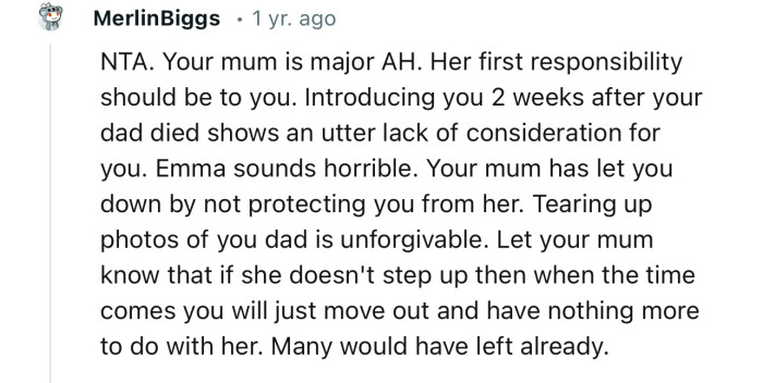 “Emma sounds horrible. Your mum has let you down by not protecting you from her.”