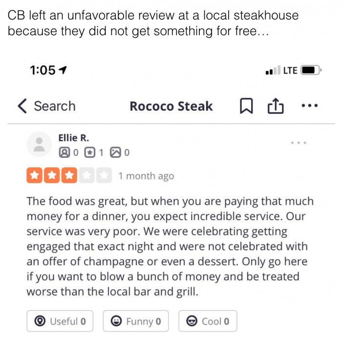 12. This couple thought they'd receive food for free because they chose to celebrate their engagement at this restaurant.