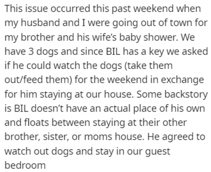 OP's brother-in-law is one of the people who has a key, and they recently asked him to watch the dogs for the weekend