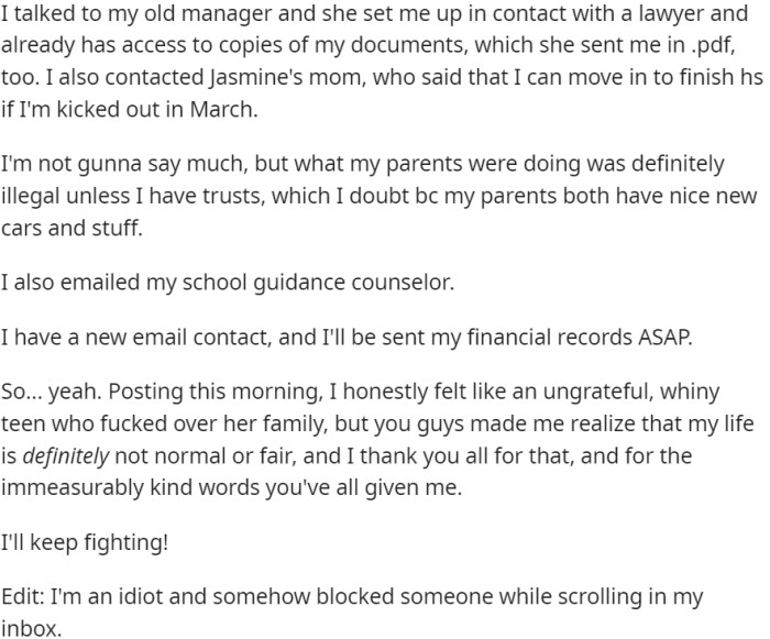 OP suspects her parents' actions were illegal and contacts her school guidance counselor