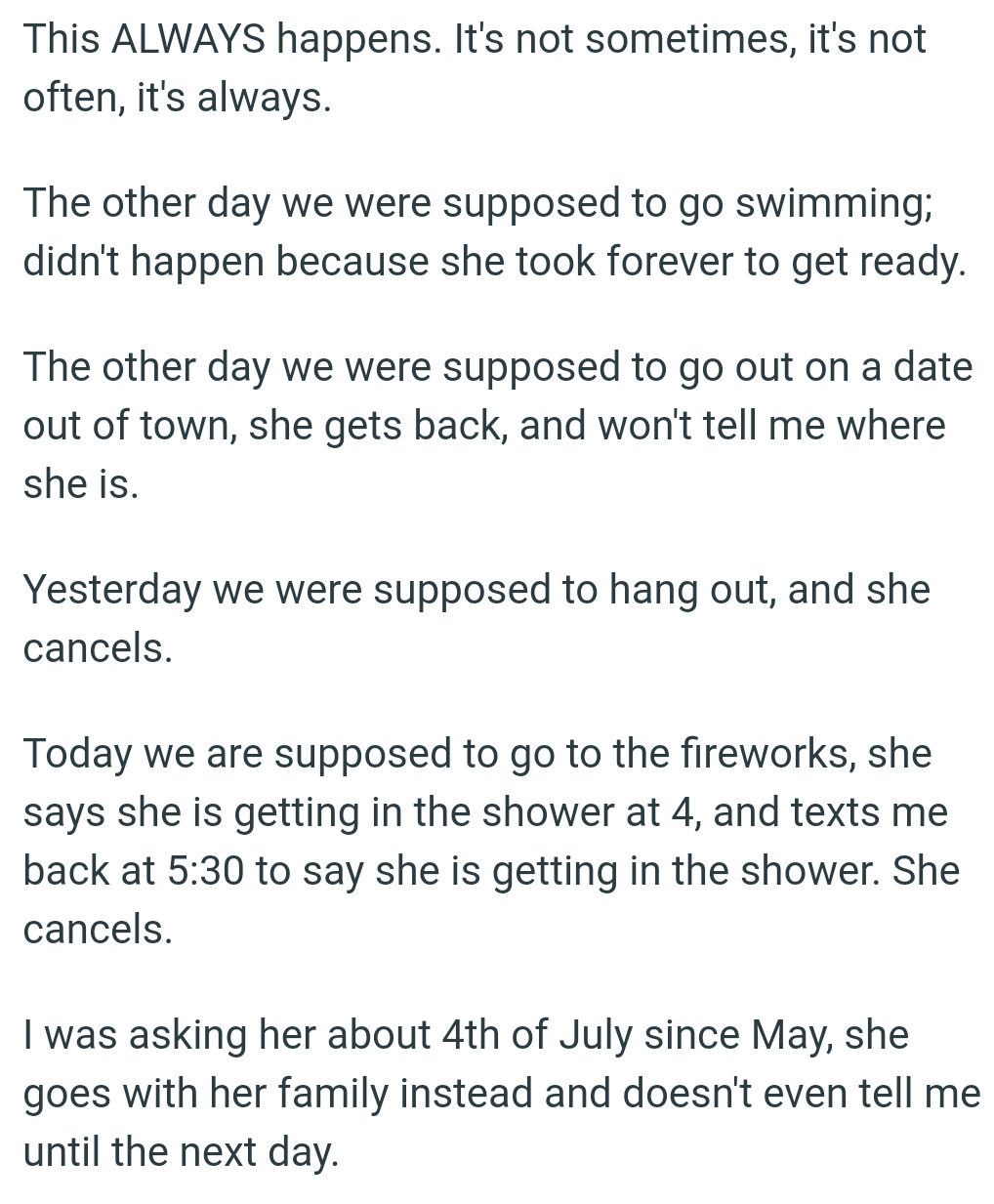 She goes with her family and doesn't even tell the OP until the next day.