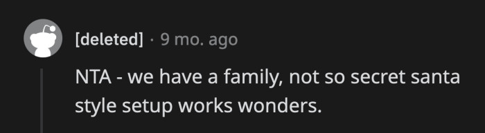 Different gift-giving mechanics like Secret Santa or White Elephant can help OP and her husband cut costs.