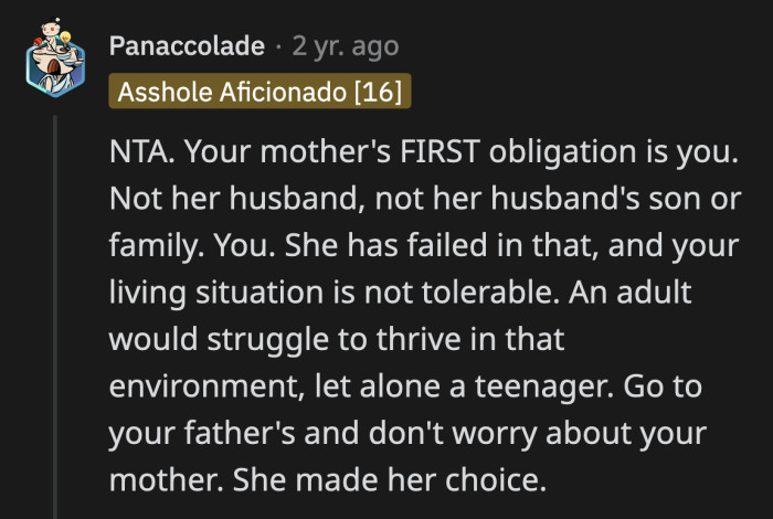 OP's mom failed to be an effective parent to OP. She allowed her new husband to dictate how she and her daughter must behave in their own home.