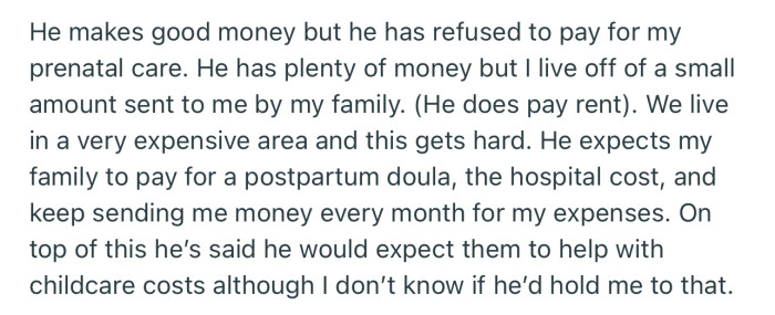 OP’s Partner Has Been Shying Away from Paying for Her Prenatal Care and Other Necessary Expenses