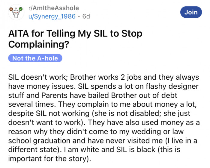 The Reddit user shared her story about what happened when she spoke up about her SIL's negative behavior.