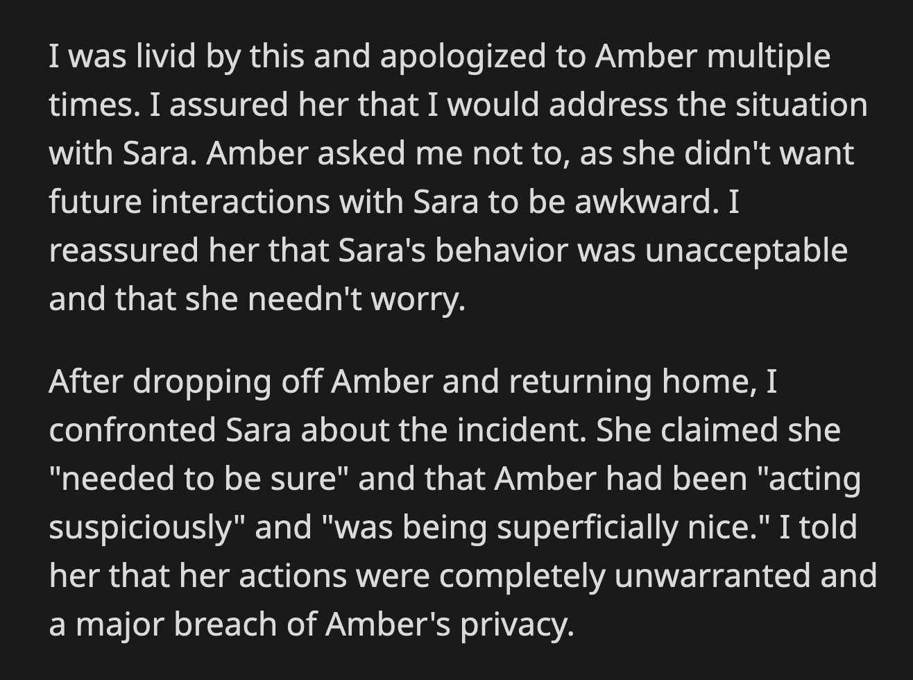 She also said Amber was superficially nice to her. OP told his wife that she violated his sister's privacy.