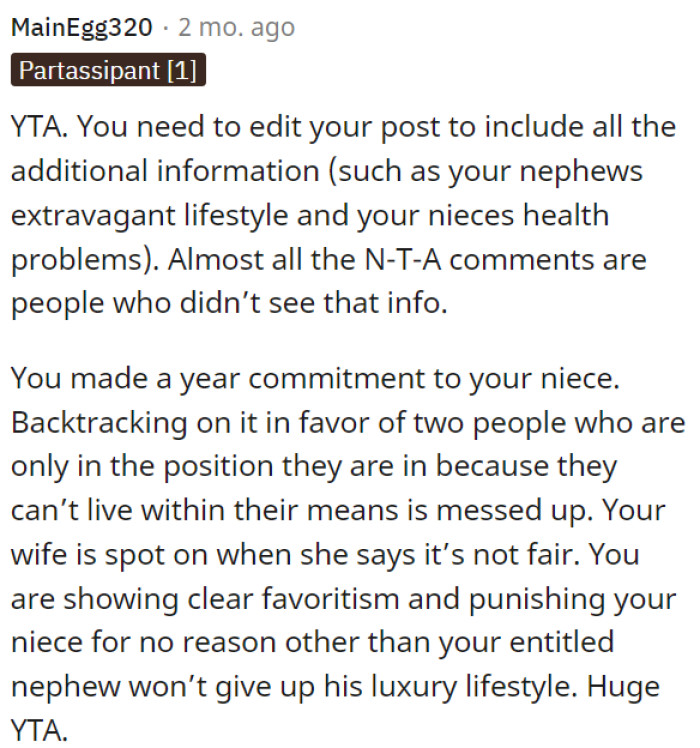 OP shows favoritism towards his cousin.