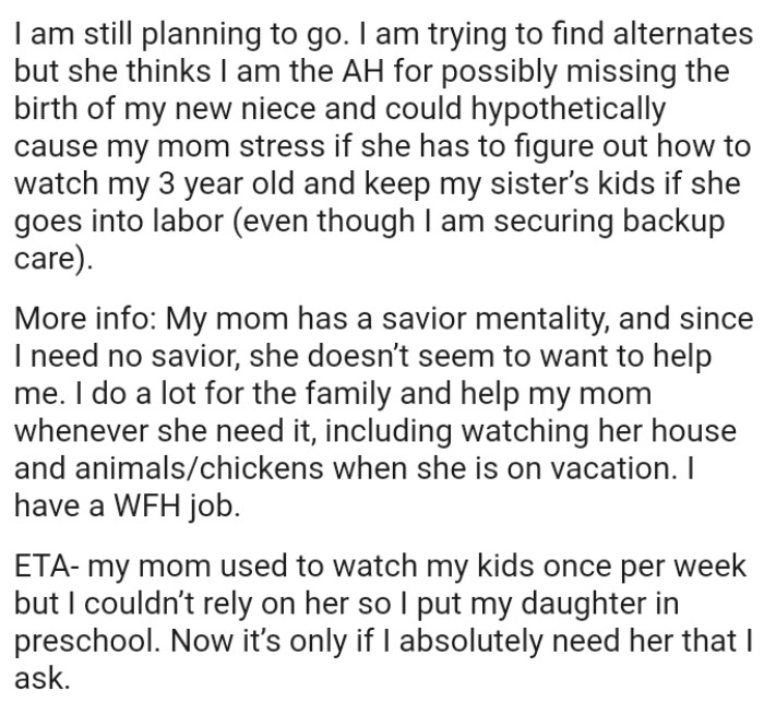 OP's mom still thinks she is the AH for possibly missing the birth of her new niece