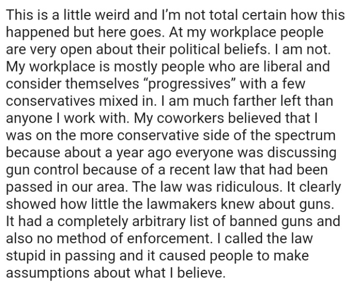 The OP's workplace is mostly people who are liberal and consider themselves “progressives” with a few conservatives mixed in