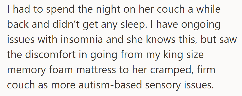 She attributes his discomfort on her couch, despite his insomnia, to autism-related sensory issues.