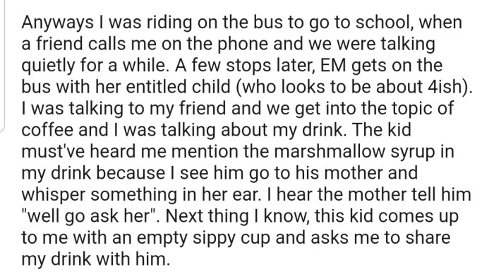 While Riding the Bus, OP Was Surprised to See a Kid Walk Up to Them to Ask That They Share Their Coffee