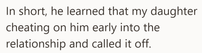 According to the father, the engagement ended after the groom learned about past cheating. Once that came out, the wedding plans stopped immediately.
