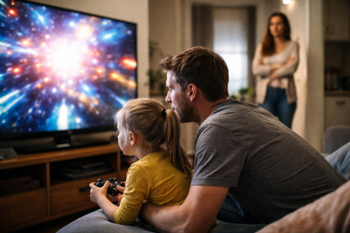 Her husband decided to play a video game—and when their daughter asked for attention, he invited her to watch.