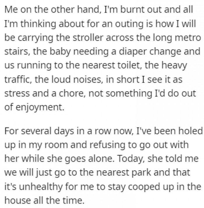 OP's sister is an outgoing person, but OP is burnt out and feels like an outing would just be a bunch of unnecessary stress