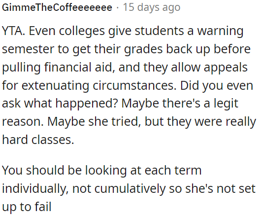 Colleges offer a grace period for grades and allow appeals for extenuating circumstances.