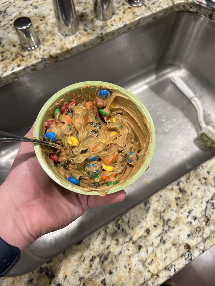 9. “Stoned me wanted dessert; I present M&Ms mixed with peanut butter eaten like a rat over the sink”