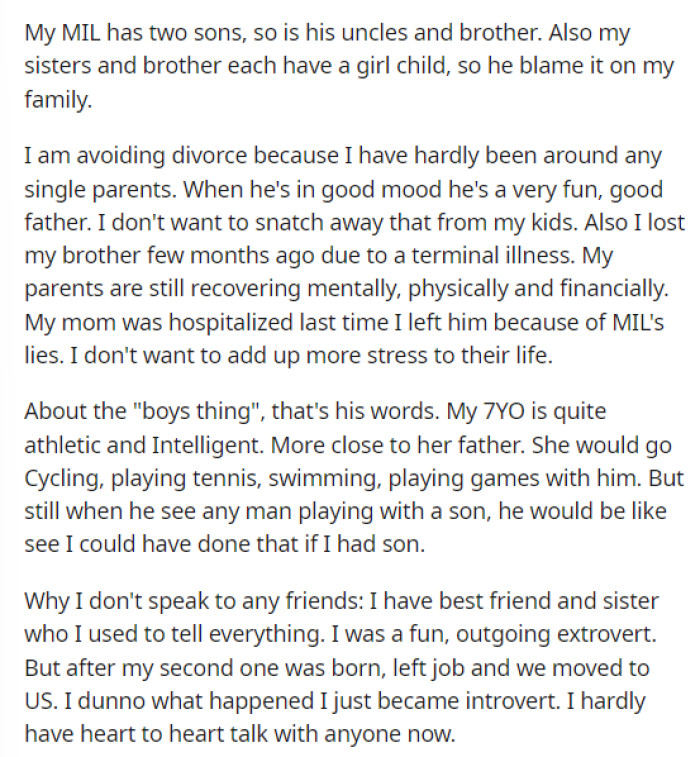 OP gives numerous reasons for why she doesn't want to leave her husband and why she isn't taking actions she feels she should.