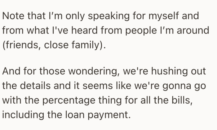 She points out that her view is shaped by those close to her, and shares that they plan to shift to income-based contributions moving forward.