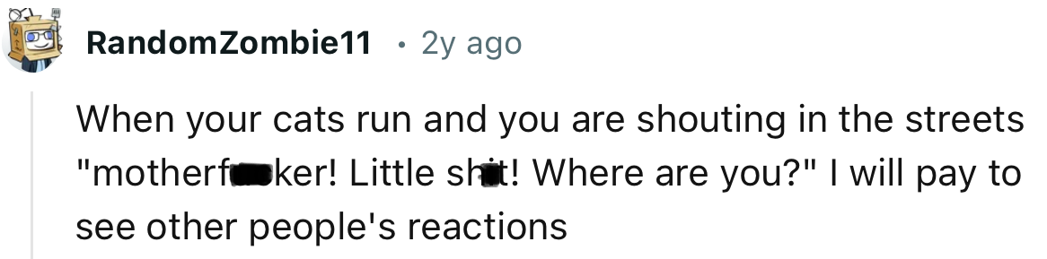 Imagine OP calling out their cats' names in the neighborhood when they run out of the house