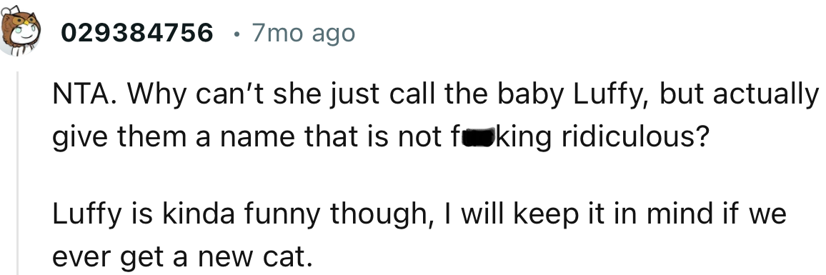 “Luffy is kinda funny though, I will keep it in mind if we ever get a new cat.”