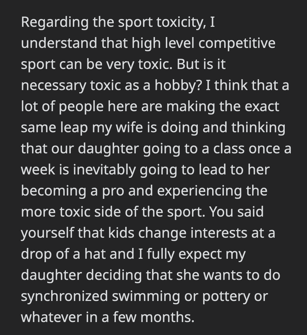 How could he understand his wife's trauma when he thinks he knows better than she does when she talks about her gymnastics career?