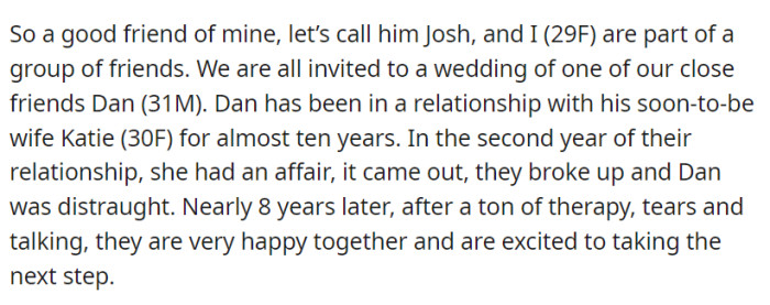 In a circle of friends, a wedding invitation arrives for Josh and OP.