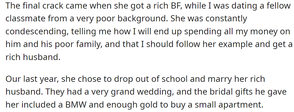 The OP's sister dropped out of college and married her wealthy husband: