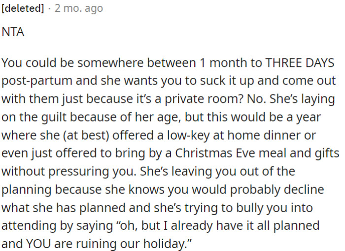 She's excluding OP from the planning because she knows OP might decline her plans, and she's trying to manipulate her into attending.