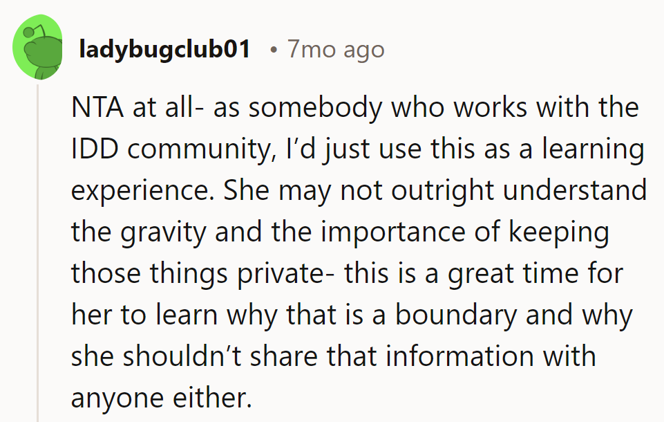 It's a teachable moment. She might need an extra credit course in Privacy 101.