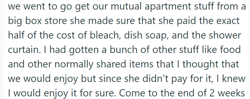 Split costs for shared apartment items, but one person bought extra items for personal enjoyment.