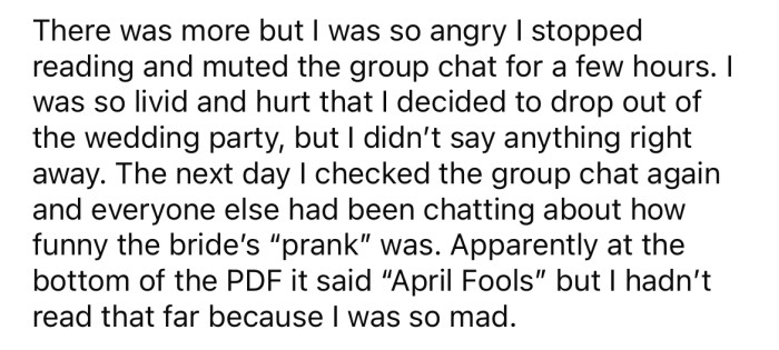 The OP stopped reading partway through because she was so angry, not realizing it was all part of an April Fools prank.