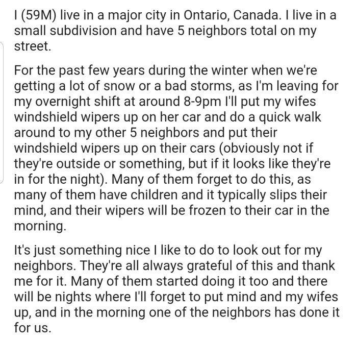 OP was very kind to help put his neighbor's windshield wipers up during winter. And they all appreciated him for that