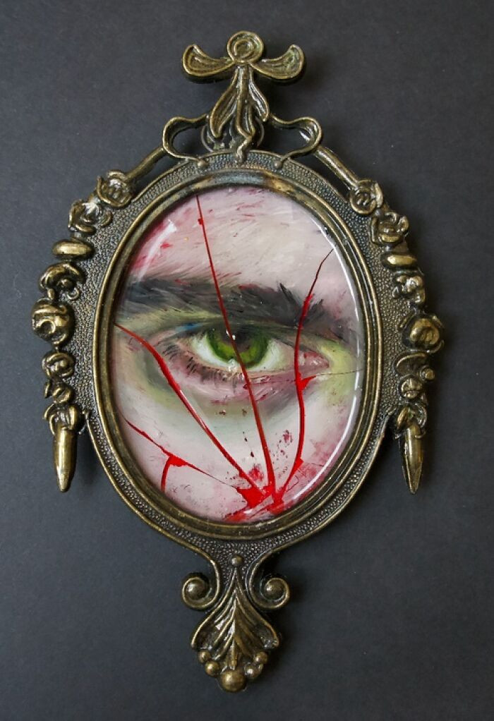"Oil on glass with resin sculpture in vintage frame."