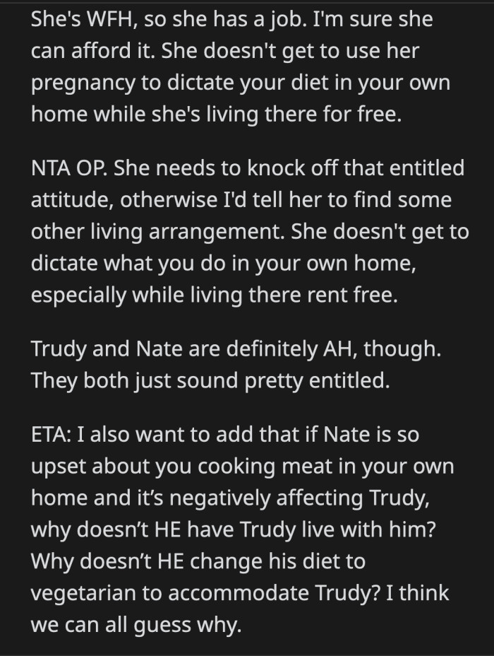 If Trudy can't stand the smell of meat, why can't she move into the new apartment her sister and Nate are apparently preparing for her?