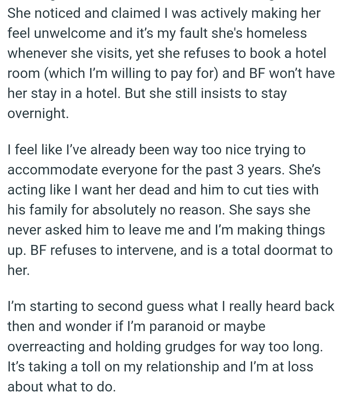 She says she never asked him to leave the OP and that she's making things up